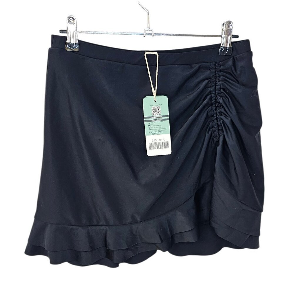 SHEKINI Womens Swim Skirt, Skort, Flattering, Ruched, Black, Size L Fits M